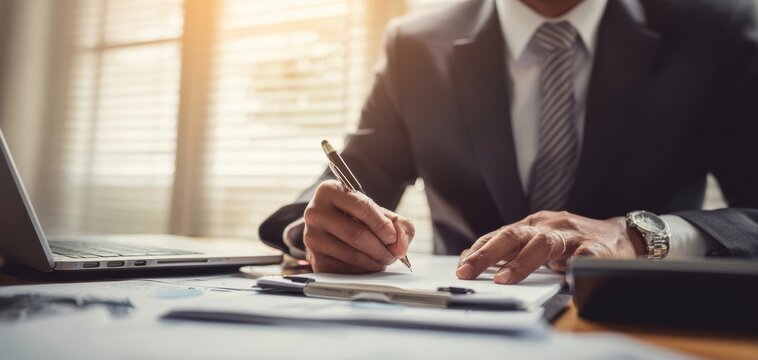 The Businessman Signing Documents at a Sunlit Office Desk with Laptop