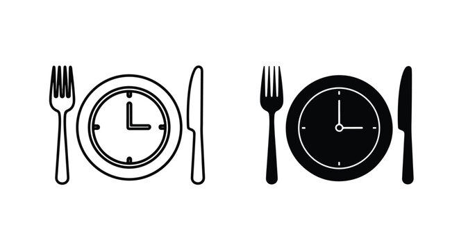 Clock on plate with fork and knife dinner icon set - Clipart, Glyph and solid icon set, Flat Design Icon, line icon set, Flat Vector icon, icon, Editable stroke icon