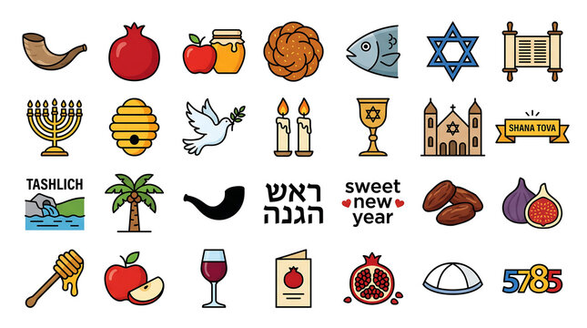 A vibrant collection of Jewish New Year symbols and icons on a white background