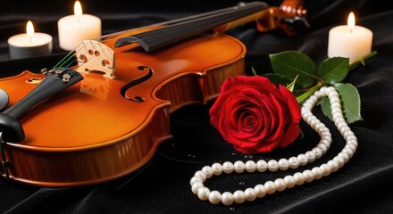 Fototapeta premium A classical violin rests on dark velvet fabric beside a red rose and an elegant pearl necklace, illuminated by the soft glow of candles, aesthetic, music, necklace