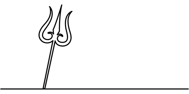 Trisul continuous one line drawing, Trishul Symbol of Lord Shiva on Black Background,  minimalist design in outline illustration. 