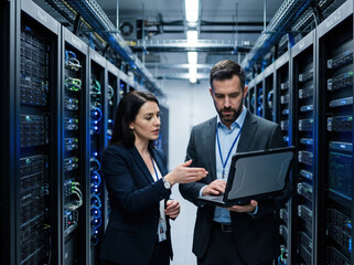 Fototapeta premium Data center professionals inspecting server racks with a laptop