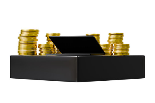 3d laptop coin stack icon. online investment concept. minimal cartoon computer gold podium finance for business web app. isolated on white transparent background. 3d render.
