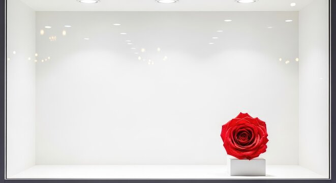 A minimalist empty storefront display window featuring a pristine white background and clear glass pane reflecting bright interior lighting, reflection, light, retail