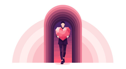 Man carrying geometric heart through abstract archway, symbolizing love and new beginnings