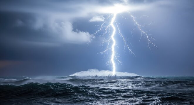 A powerful lightning bolt strikes the churning dark ocean surface during a massive thunderstorm at night under thick heavy clouds, indigo, climate, water