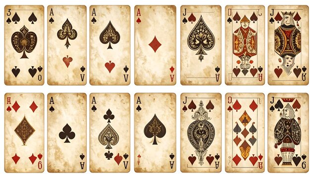 Assortment of vintage playing cards displaying various suits and numbers. Featuring spades, hearts, diamonds and clubs. Grunge background