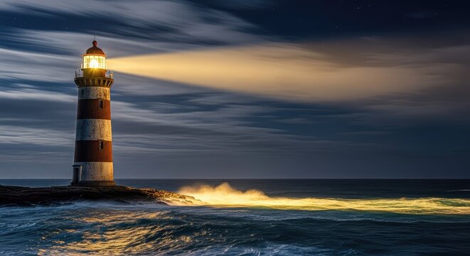 A tall lighthouse stands firm against a dark night sky, casting a powerful golden beam across the deep blue waves of a restless ocean, beacon, navigation, landscape