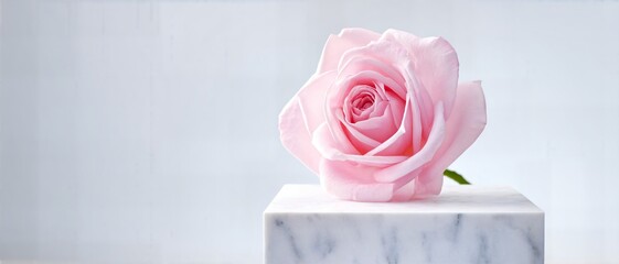 Fototapeta premium Single soft pink rose blooms with grace atop a polished marble pedestal