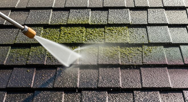 Close-up view of a high-pressure water stream cleaning dark moss and grime from asphalt shingles on a residential rooftop under bright light, droplet, flow, professional