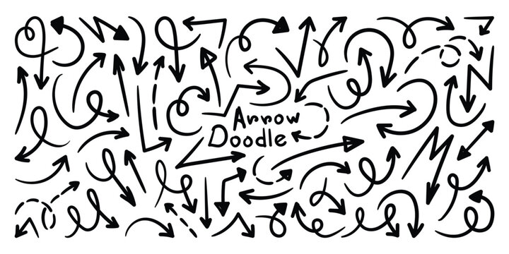 Doodle Arrow Collection. Hand drawn black arrow navigation mark icons set. Set of brush stroke of curly arrow collection. 
