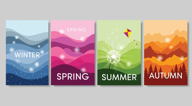 Four seasons landscape posters set, winter spring summer autumn