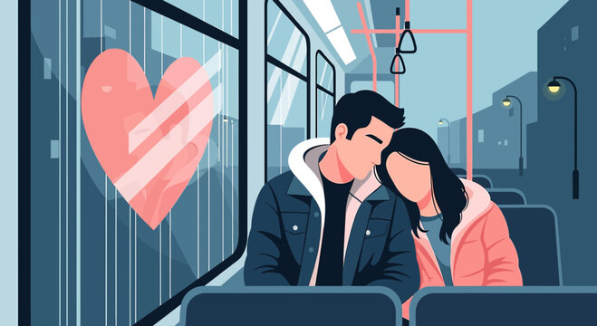 Couple in love on public transport with heart reflection, romantic illustration.