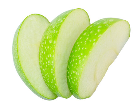 Three slices of green apple on white background. File contains clipping paths.