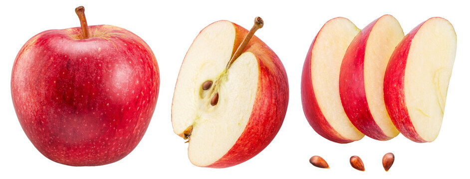 Collection of red apple and apple slices isolated on white background. File contains clipping paths.