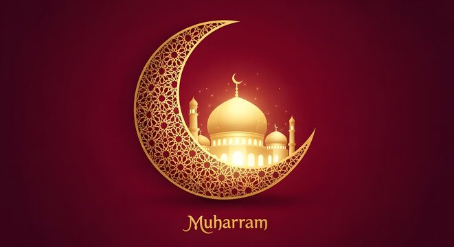 Happy muharram golden crescent moon mosque illustration for islamic new year