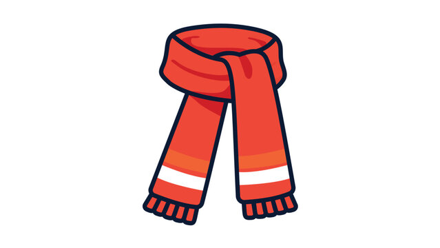 Red winter scarf vector icon with editable stroke. Modern flat illustration of a long knitted neck scarf with yellow and white stripes and fringe, isolated on white. Scalable graphic element.