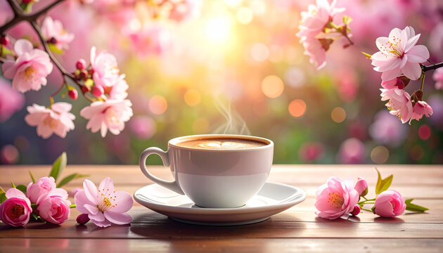 Coffee cup with flowers in garden