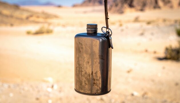 A Tarnished Metal Canteen Hanging From A Belt Loop Reflecting Faint Sunlight In A Desert Landscape