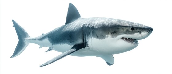 Fototapeta premium The Great White Shark Swimming Alone Against a Bright White Background in Studio