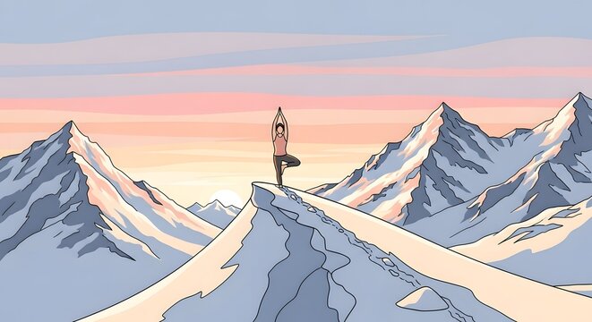 Meditative yoga practice on a high snowy mountain at sunset