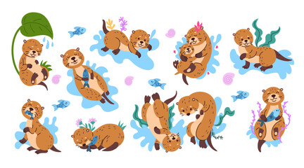 Obraz premium Otter cartoon. Cute pose animals. Funny sea weasel. Hawaii marine fish creature swimming. Happy aquatic mammal fauna at zoo. Playful wildlife couple character. Vector pet tidy mascot isolated set