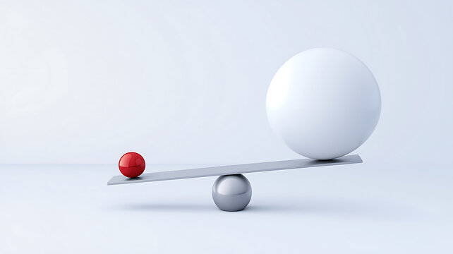 Conceptual balance scale with disproportionate spheres red and white imbalance inequality disproportion comparison difference measurement equilibrium