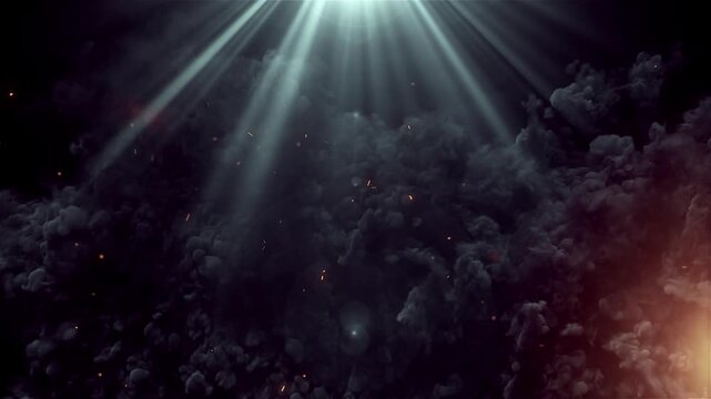 Dramatic light rays pierce dark smoky clouds with glowing particles