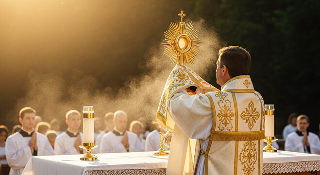 Priest holding monstrance with golden details outdoors with people