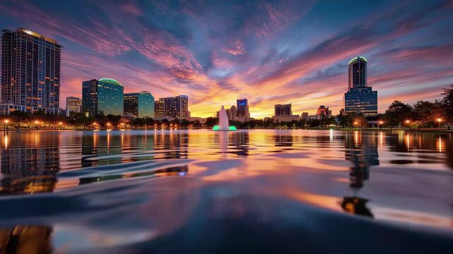 Stunning sunset skyline reflection at lake eola park in downtown orlando, florida