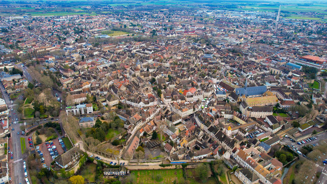 Aerial of the old town of Beaune in France on a cloudy morning in early spring.