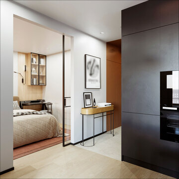 3D rendering of a bedroom interior featuring a large bed, a workspace, and a glass door. Interior design and decor. View from the kitchen looking toward the bedroom and hallway.