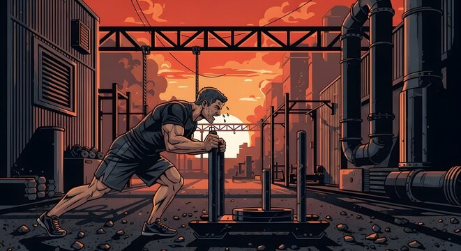 Determined athlete pushing heavy sled in a gritty urban gym