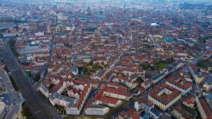 Obraz premium Aerial view of the old town of the city Dijon on a cloudy autumn morning in France