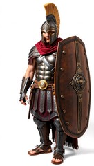 Obraz premium Ancient Roman gladiator with armor and shield, isolated on white background