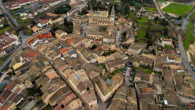 Aerial view of the old town Tournus in France on an afternoon in early spring