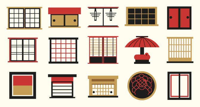 Shinto shrine elements with torii gate stone lantern and suzu vector illustration set collection
