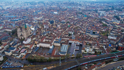 Fototapeta premium Aerial view of the old town of the city Dijon on a cloudy autumn morning in France