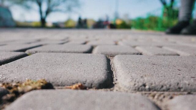 Detailed close up of grey concrete paving stones on a city pedestrian path. Bright sunlight illuminates the ground with a soft bokeh background. Concept of journeys and urban infrastructure.