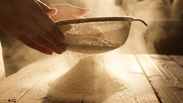 Hands sifting pure white flour through a metal sieve, creating a soft cloud of powder on a rustic wooden table, a traditional and essential step in baking