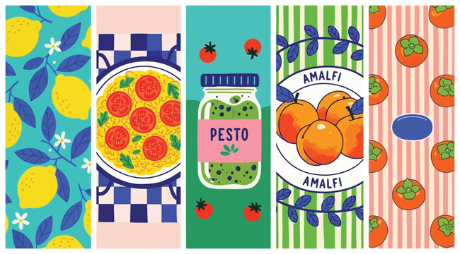 Set of foodthemed vertical banners with lemons, pasta, pesto, peaches, and persimmons