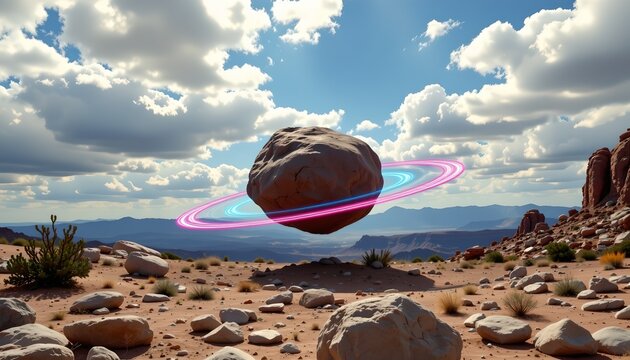 A large, irregularly shaped rock hovers above a desert landscape, with a luminous, colorful ring encircling it in mid air