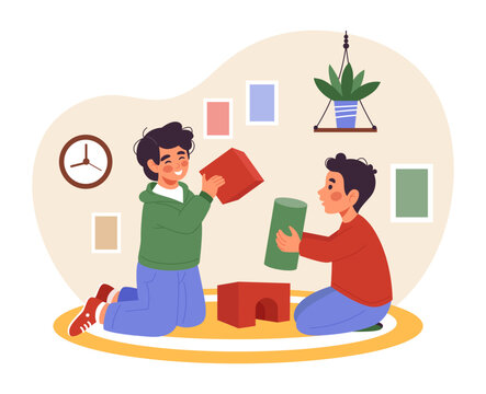 Kids game. Children play with cubes together. Preschool boys building toy tower. Young people fun. Color construction blocks. Baby gaming at home. Kindergarten room. Happy childhood. Vector concept