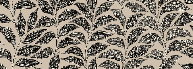 Leaves branch and Hand Drawn doodle Scribble floral plants banner. seamless pattern. Creative minimalist, Abstract art background. Design wall decoration, postcard, poster or brochure © Hulinska Yevheniia