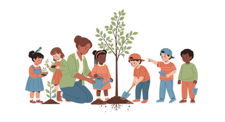 Fototapeta premium Children Planting Tree with Adult