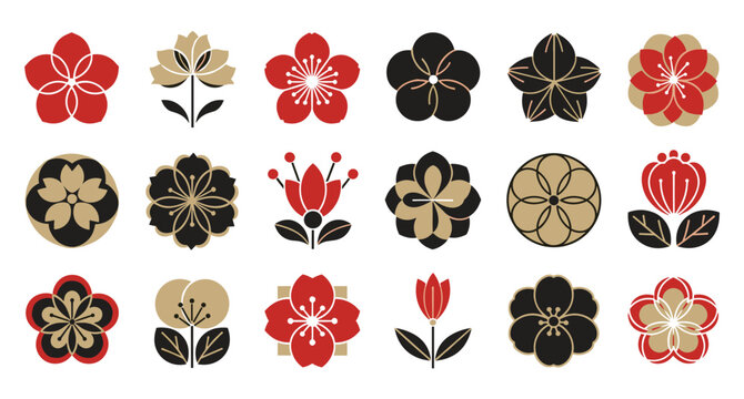 Floral sakura circular emblem grid red black gold botanical motifs vector illustration textile decorative
