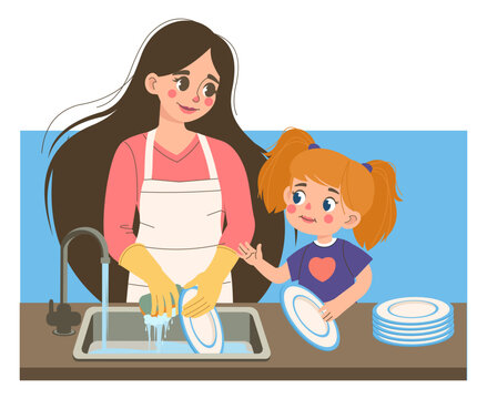 Mother and child washing dish. Family housekeeping. Cleaning plates with soap foam in washbasin. Home chores. Household routine. Housework together with kids. Daughter helping her mom. Vector concept