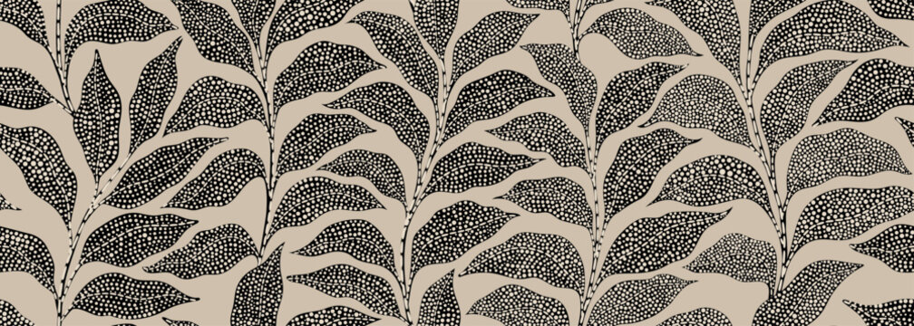 Leaves branch and Hand Drawn doodle Scribble floral plants banner. seamless pattern. Creative minimalist, Abstract art background. Design wall decoration, postcard, poster or brochure