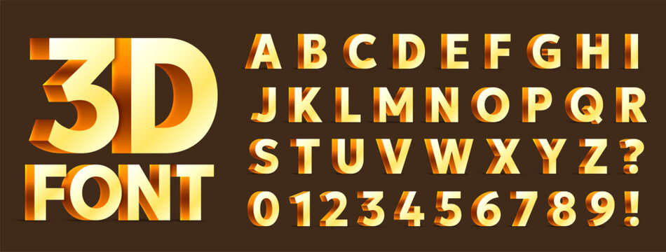 Vector illustration of full alphabet of 3d golden letters and numbers from 0 to 9. Modern three dimensional extruded font isolated on dark background