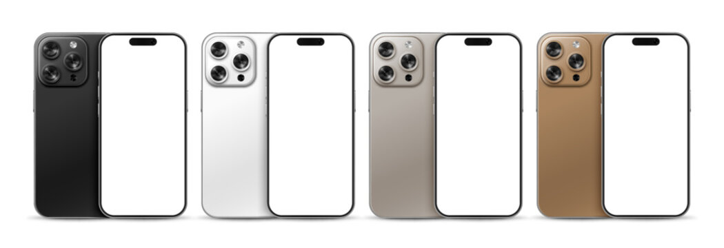 Vector illustration of modern mobile phones with camera, blank white screen, and cases in white, grey, desert, and black color. Realistic mockup or template, isolated on white background